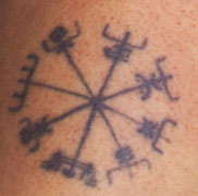 Björk has described the tattoo on her upper left arm as a Viking's compass.  "It's so I don't get lost. If the Vikings had bad weather or fog, they used to draw it on their foreheads with a piece of coal. I thought that was a bit much, so I put it there."(Rolling Stone Magazine July '95)